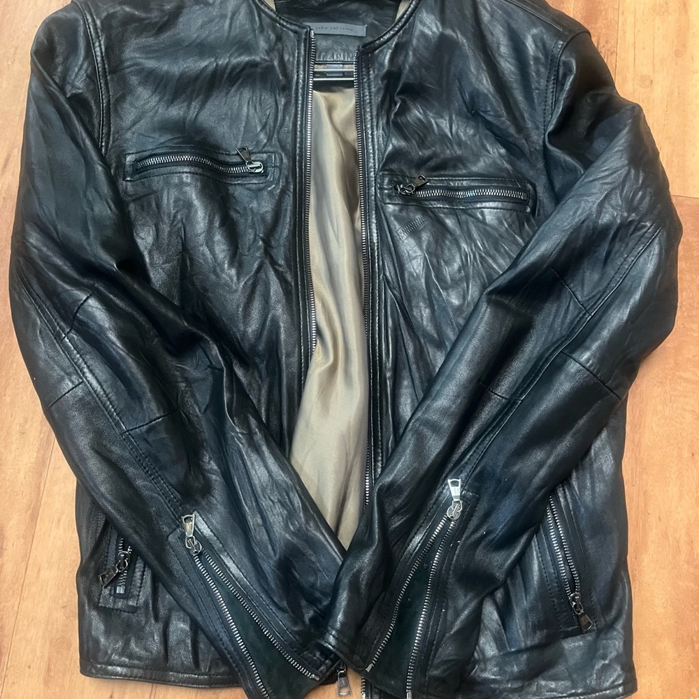 John Varvatos Black Leather Collarless  Jacket Size EU48